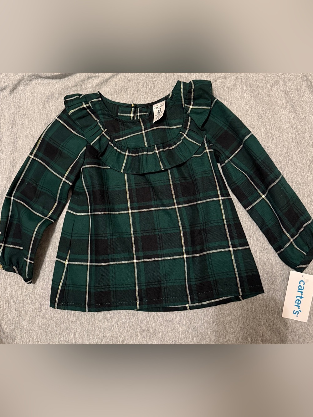 Carter's Dark Green Plaid Ruffle-Trim Girls' Blouse size 2T Gold Stripes size 2T